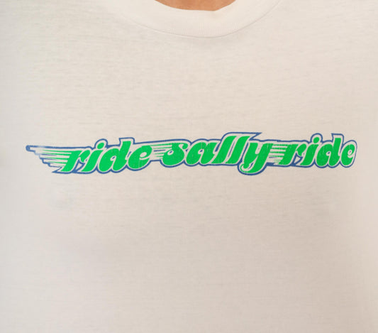 90s Hanes Ride Sally Ride Long Sleeve Tee Green Blue Wing Graphic White Medium M