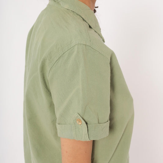 90s Erika & Co Olive Cotton Camp Collar Shirt Sage Green Rolled Sleeve Small