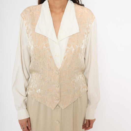 80s Miss Scarlett Jacquard Vest Midi Dress Ivory Collar Cream Sleeves Large L