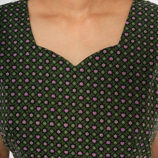 60s Heart Floral Cotton Dress Sweetheart Neckline Pencil Skirt Forest Green Large L