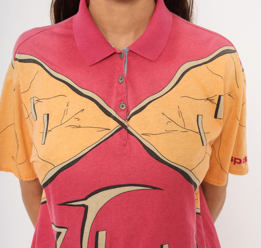 90s Ixspa Abstract Polo Pink Orange Cotton Geometric Graphic Medium