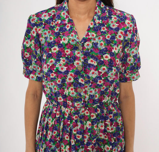80s Winning Ticket Floral Shirtdress Purple Garden Print Puff Sleeve Small