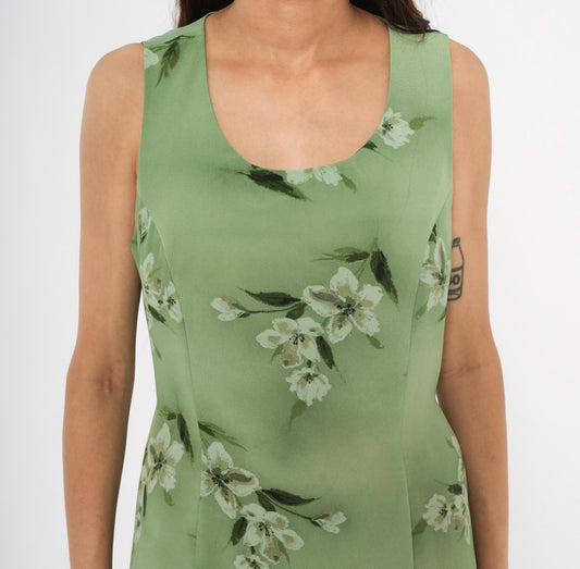 90s Fashion Bug Sage Green Floral Maxi Dress Sleeveless A-Line Large L
