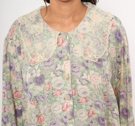 90s J Jill Floral Maxi Dress Lace Peter Pan Collar Plus Size XXL