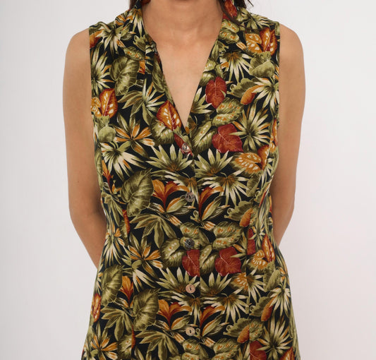 90s Teddi Tropical Leaf Maxi Dress Sleeveless Olive Green Medium M