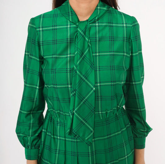 70s Nat Kap Lan Emerald Plaid Dress Pussy Bow Knee-Length Medium M