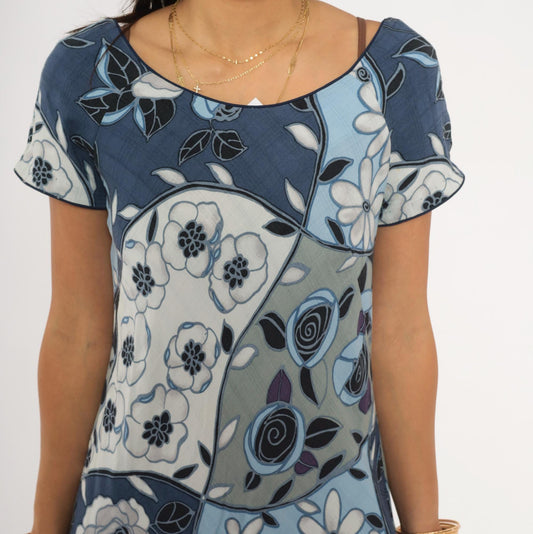 Y2K Iolani Patchwork Floral Mini Dress Navy Sky Blue Rayon Small