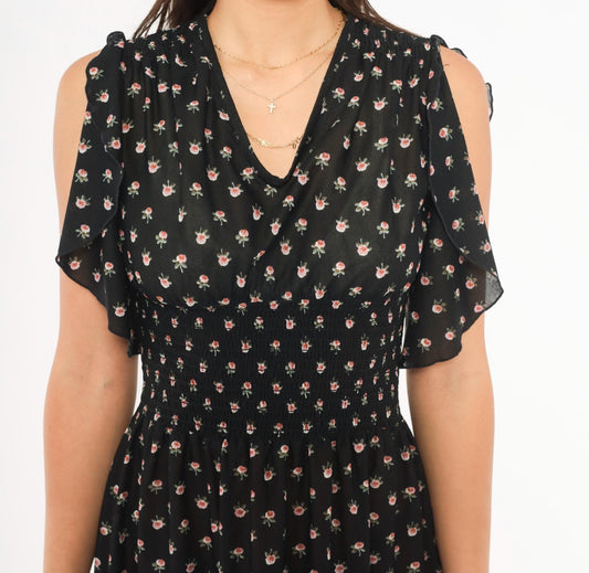 70s Act 1 New York Floral Midi Dress Flutter Sleeve Black Rose Print Small Medium
