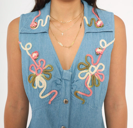 90s Midnite Light Blue Denim Maxi Dress Floral Embroidery Collared Medium M