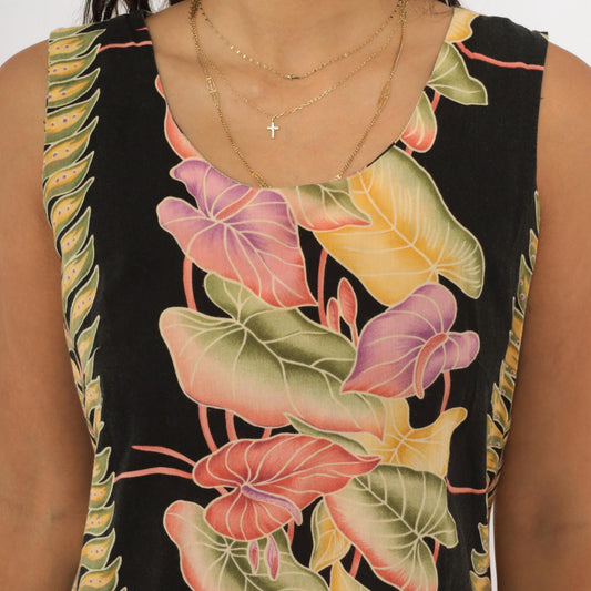 90s Kalaheo Hawaiian Shift Dress Black Tropical Floral Mini Small S