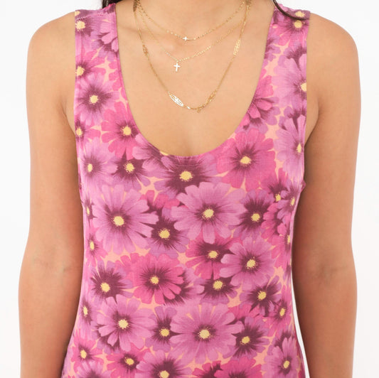 90s Pacific Palm Pink Floral Maxi Dress Daisy Tank Scoop Neck Medium M