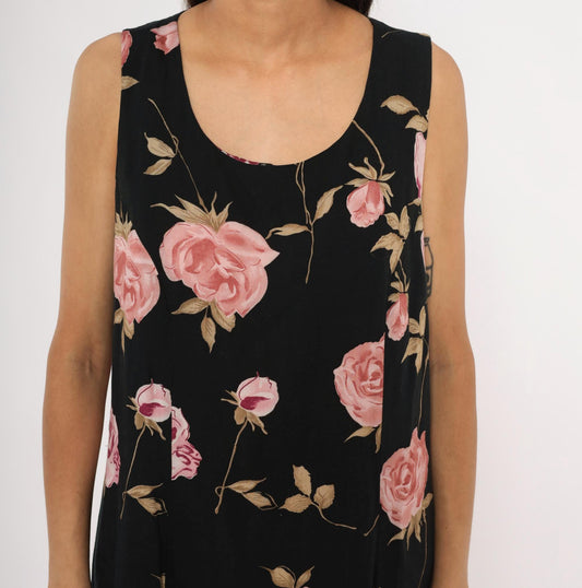 90s Jodi Michaels Rose Print Maxi Dress Black Pink Sleeveless Large L