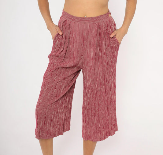 80s Leslie Fay Burgundy Striped Pleated Culottes Wide Leg Cropped Medium