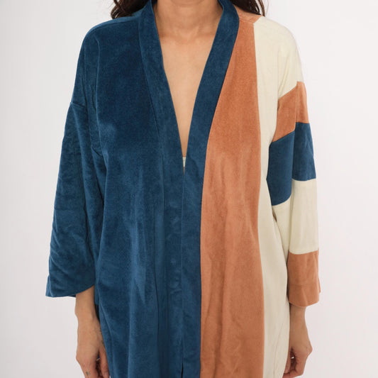 80s JCPenney Velour Kimono Robe Colorblock Navy Copper Cream One Size