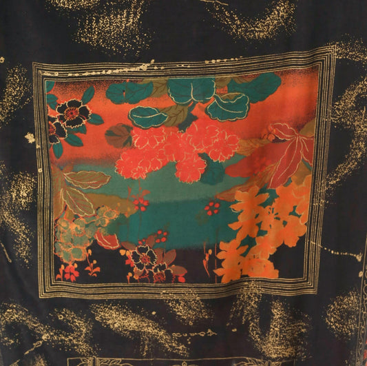 80s Japanese Floral Pencil Skirt Black Red Teal Gold Peonies Midi Medium Large