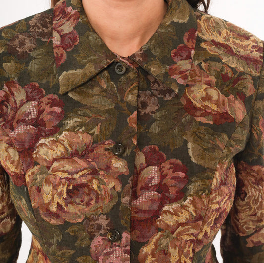 90s Jessica Howard Floral Tapestry Blazer Olive Burgundy Fitted XS
