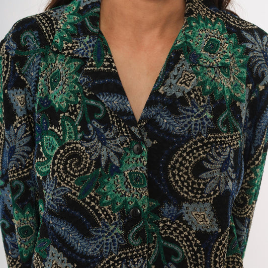 90s K Petite Paisley Blazer Emerald Green Navy Velvet Trim Cropped Large L
