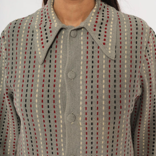 70s Damon Wool Cardigan Grey Dotted Stripe Burgundy Black Cream Medium M