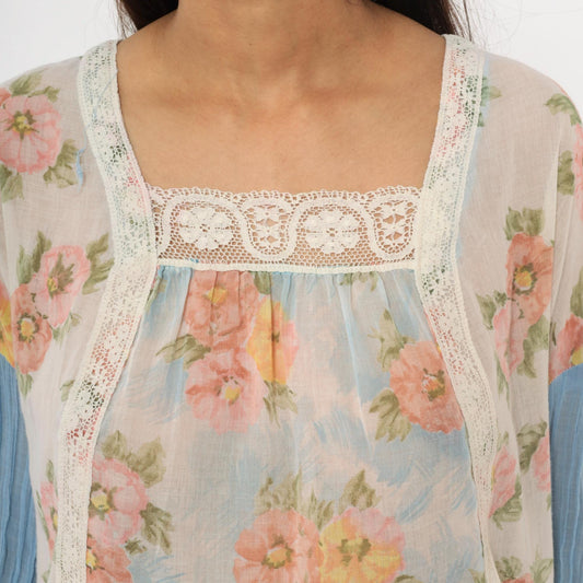 70s Arnelle of California Floral Peasant Blouse Pink Rose Cotton Gauze Medium