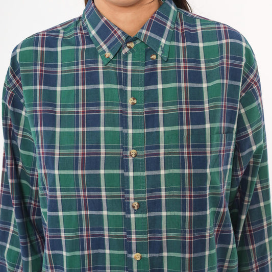 80s McGregor Plaid Flannel Button-Down Shirt Forest Green Navy Tartan Large L