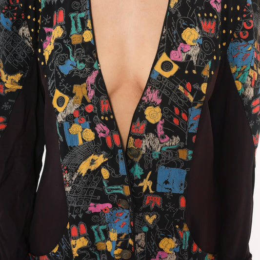 90s Choon Abstract Graffiti Blazer Deep V Black Multicolor Print Medium Large