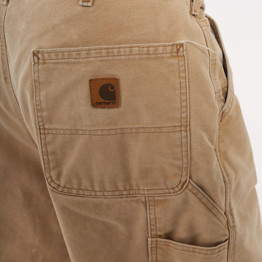 Carhartt Carpenter Pants Flannel Lined Canvas Straight Leg Tan Distressed Extra Large XL