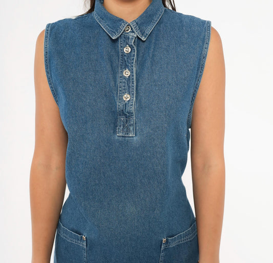 90s Denim Shift Dress Sleeveless Button Front Blue Jean Medium Large
