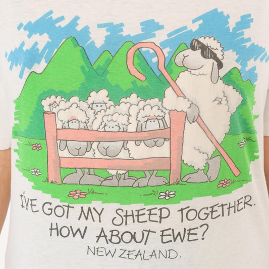 90s New Zealand Sheep Pun Graphic Tee White Cotton Scoop Neck Medium