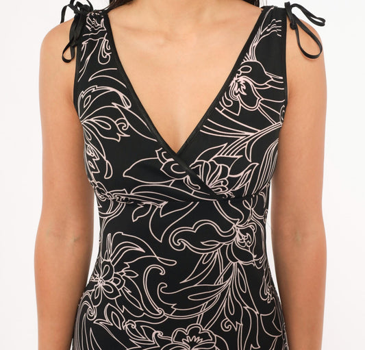 Y2K City Triangles Black Floral Wrap Dress Pink Line Drawing Knee Length Small