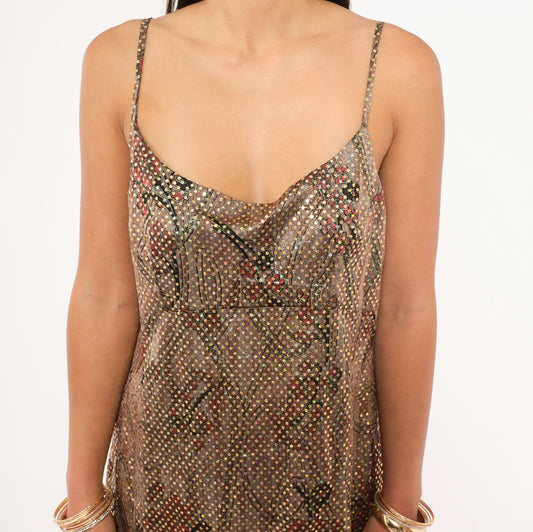 90s Metallic Shimmer Maxi Slip Dress Tan Burgundy Floral Gold Spaghetti Strap Large L