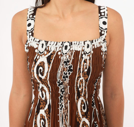 2000s Batik Sundress Brown White Floral Square Neck Cutout Small Medium