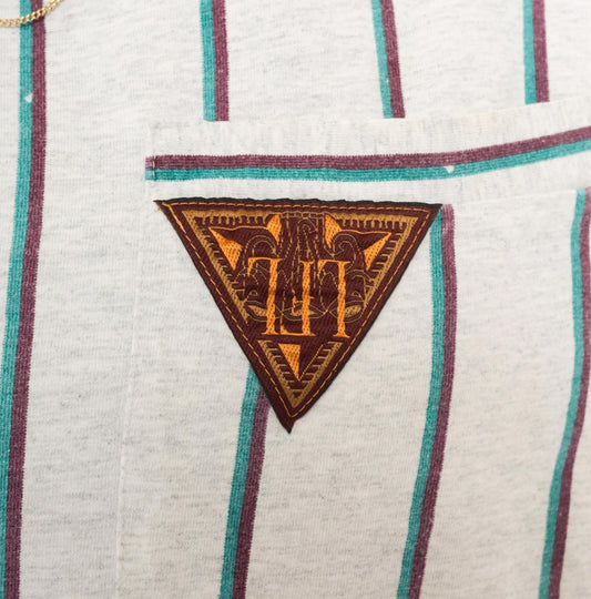 90s Striped Polo Shirt Grey Teal Burgundy Vertical Stripe Cotton Large L