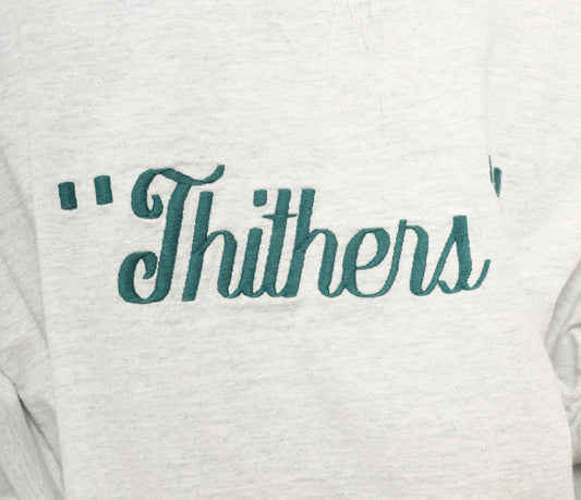 90s Signal Ringer Tee Teal Trim Embroidered Back Grey Cotton XXL