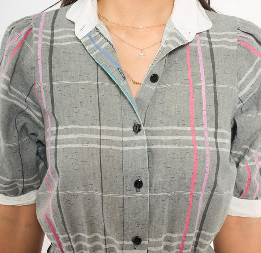 80s Grey Plaid Shirtdress Puff Sleeve White Collar A-Line Small