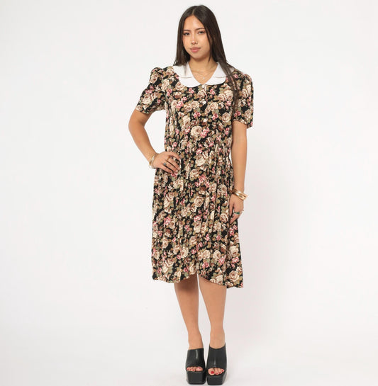 90s Black Floral Peter Pan Collar Dress Button Front Knee Length Medium M