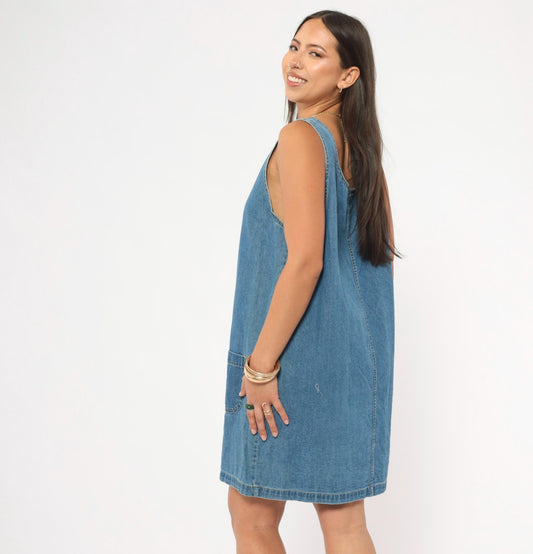 90s Cherokee Denim Jumper Dress Button Front Mini Blue Chambray Large L