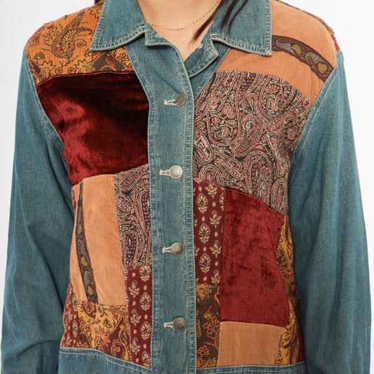 2000s Out Of The Blue Patchwork Denim Jacket Velvet Corduroy Paisley Small S