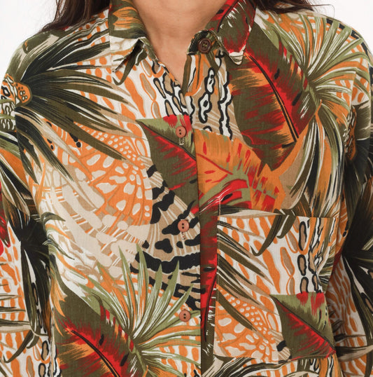 90s Touché LA Tropical Palm Leaf Print Shirt Mustard Olive Red Large L