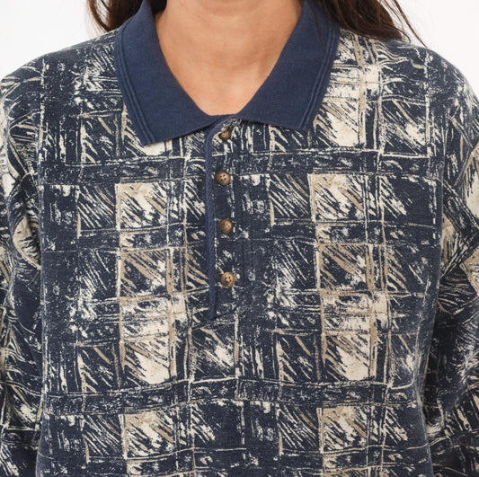 90s DB Classico Polo Navy Tan Abstract Brushstroke Cotton Shirt Large L