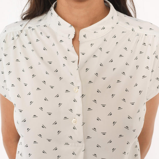 70s Mr. Fine Sailboat Print Blouse White Mandarin Collar Cap Sleeve Medium