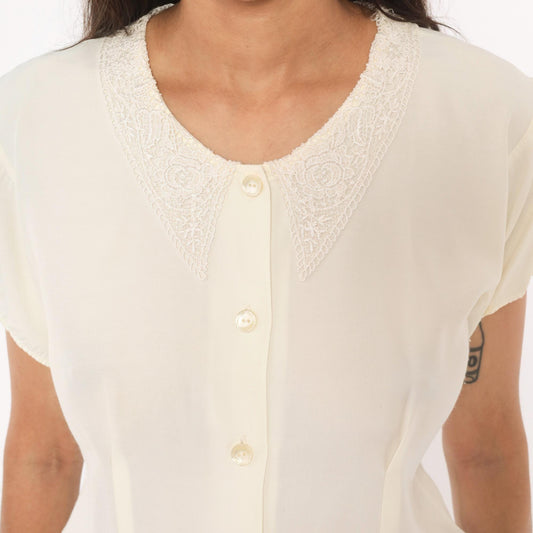 90s Cream Lace Collar Button Front Blouse Embroidered Scoop Neck Medium M