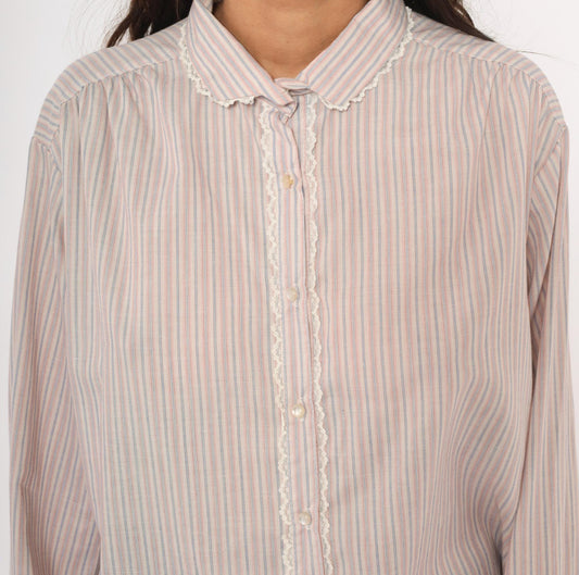 80s Laura Mae Striped Cotton Blouse Peter Pan Collar Lace Trim Extra Large XL