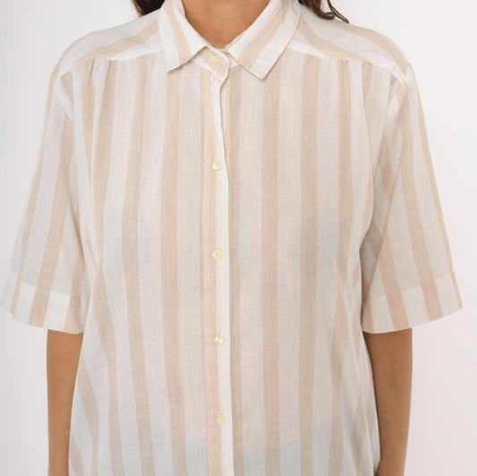 80s All Hours Cream Tan Striped Button-Front Blouse Pointed Collar Large