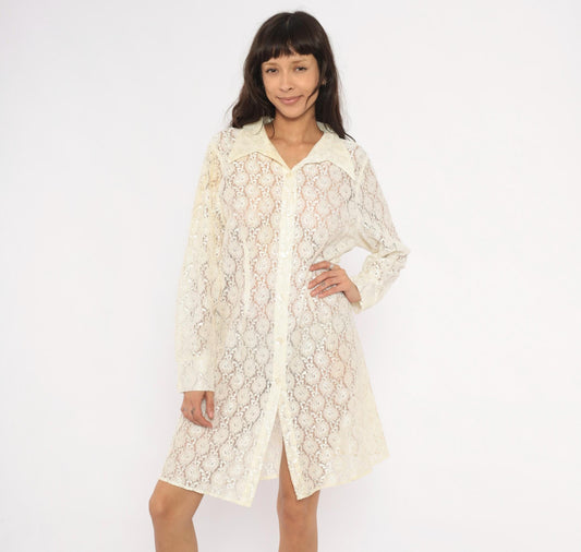 90s Deparis Cream Floral Lace Shirt Dress Knee Length Collared Large