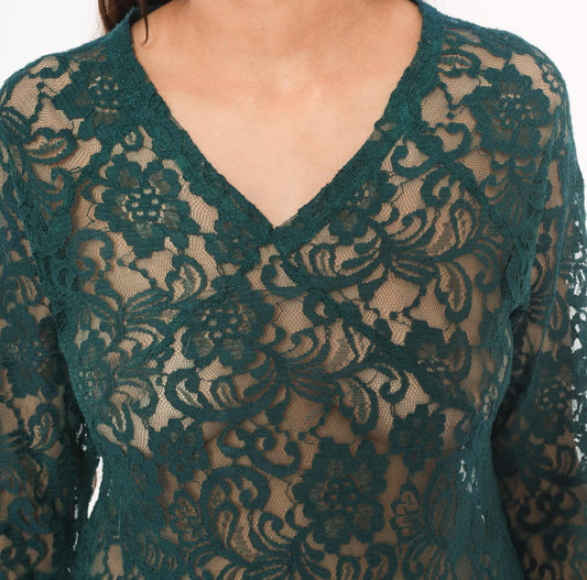 90s Adore Forest Green Lace Mini Dress V Neck Long Sleeve A Line Medium M