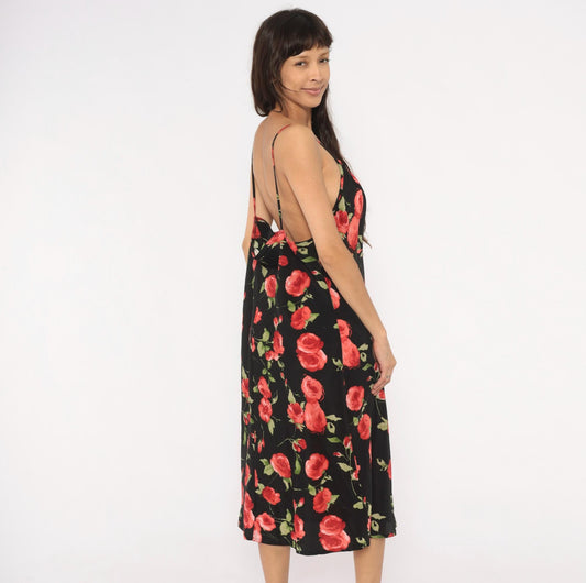90s Chesley Rose Print Slip Dress Black Midi Spaghetti Strap Open Back Extra Large
