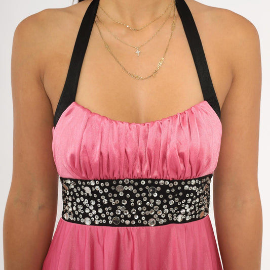 Y2K Speechless Pink Satin Halter Mini Dress Rhinestone Empire Waist Small S