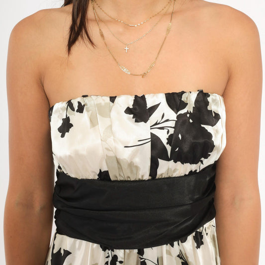 Y2K Intrigue Strapless Floral Mini Dress Black Cream Satin Empire Waist Medium