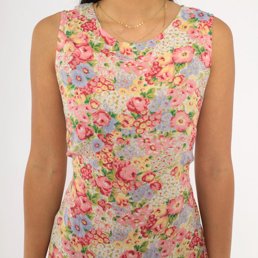 90s Casual Corner Annex Floral Maxi Dress Pink Garden Print Tie Back Small