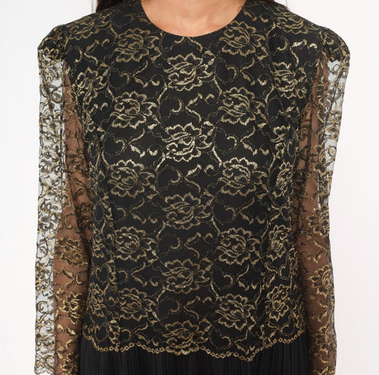 90s Good Times Black Gold Lace Overlay Dress Pleated Skirt Drop Waist Large L